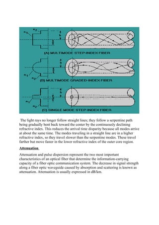 The light rays no longer follow straight lines; they follow a serpentine path
being gradually bent back toward the center by the continuously declining
refractive index. This reduces the arrival time disparity because all modes arrive
at about the same time. The modes traveling in a straight line are in a higher
refractive index, so they travel slower than the serpentine modes. These travel
farther but move faster in the lower refractive index of the outer core region.
Attenuation
Attenuation and pulse dispersion represent the two most important
characteristics of an optical fiber that determine the information-carrying
capacity of a fiber optic communication system. The decrease in signal strength
along a fiber optic waveguide caused by absorption and scattering is known as
attenuation. Attenuation is usually expressed in dB/km.

 