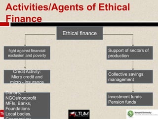 Activities/Agents of Ethical
Finance
                           Ethical finance


 fight against financial                     Support of sectors of
 exclusion and poverty                       production


   Credit Activity:
                                             Collective savings
  Micro credit and
                                             management
  micro - insurance

Donors,
NGOs/nonprofit                               Investment funds
MFIs, Banks,                                 Pension funds
Foundations
Local bodies,
 