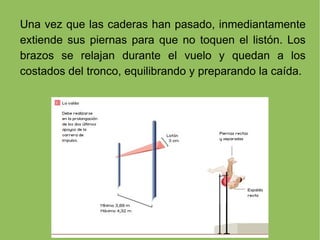 Una vez que las caderas han pasado, inmediantamente extiende sus piernas para que no toquen el listón. Los brazos se relajan durante el vuelo y quedan a los costados del tronco, equilibrando y preparando la caída.  