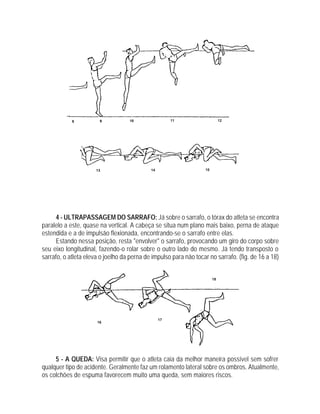 4 - ULTRAPASSAGEM DO SARRAFO: Já sobre o sarrafo, o tórax do atleta se encontra
paralelo a este, quase na vertical. A cabeça se situa num plano mais baixo, perna de ataque
estendida e a de impulsão flexionada, encontrando-se o sarrafo entre elas.
Estando nessa posição, resta "envolver" o sarrafo, provocando um giro do corpo sobre
seu eixo longitudinal, fazendo-o rolar sobre o outro lado do mesmo. Já tendo transposto o
sarrafo, o atleta eleva o joelho da perna de impulso para não tocar no sarrafo. (fig. de 16 a 18)
5 - A QUEDA: Visa permitir que o atleta caia da melhor maneira possível sem sofrer
qualquer tipo de acidente. Geralmente faz um rolamento lateral sobre os ombros. Atualmente,
os colchões de espuma favorecem muito uma queda, sem maiores riscos.
 