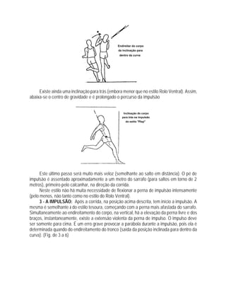 Existe ainda uma inclinação para trás (embora menor que no estilo Rolo Ventral). Assim,
abaixa-se o centro de gravidade e é prolongado o percurso da impulsão
Este último passo será muito mais veloz (semelhante ao salto em distância). O pé de
impulsão é assentado aproximadamente a um metro do sarrafo (para saltos em torno de 2
metros), primeiro pelo calcanhar, na direção da corrida.
Neste estilo não há muita necessidade de flexionar a perna de impulsão intensamente
(pelo menos, não tanto como no estilo do Rolo Ventral).
3 - A IMPULSÃO: Após a corrida, na posição acima descrita, tem início a impulsão. A
mesma é semelhante à do estilo tesoura, começando com a perna mais afastada do sarrafo.
Simultaneamente ao endireitamento do corpo, na vertical, há a elevação da perna livre e dos
braços, instantaneamente, existe a extensão violenta da perna de impulso. O impulso deve
ser somente para cima. É um erro grave provocar a parábola durante a impulsão, pois ela é
determinada quando do endireitamento do tronco (saída da posição inclinada para dentro da
curva). (Fig. de 3 a 6)
 