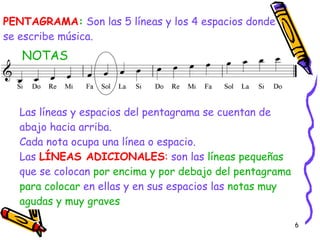 PENTAGRAMA :   Son las 5 líneas y los 4 espacios donde se escribe música. NOTAS Las líneas y espacios del pentagrama se cuentan de abajo hacia arriba. Cada nota ocupa una línea o espacio. Las  LÍNEAS ADICIONALES :  son las  líneas pequeñas  que se colocan  por encima y por debajo del pentagrama   para colocar  en ellas y en sus espacios las  notas muy agudas y muy graves 