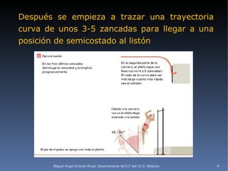 Después se empieza a trazar una trayectoria curva de unos 3-5 zancadas para llegar a una posición de semicostado al listón  Miguel Ángel Chicote Rivas. Departamento de E.F del I.E.S. Albariza 