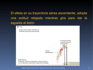 El atleta en su trayectoria aérea ascendente, adopta una actitud relajada mientras gira para dar la espalda al listón Miguel Ángel Chicote Rivas. Departamento de E.F del I.E.S. Albariza 