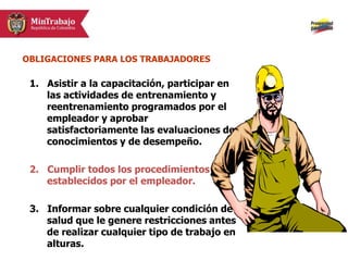 1. Asistir a la capacitación, participar en
las actividades de entrenamiento y
reentrenamiento programados por el
empleador y aprobar
satisfactoriamente las evaluaciones de
conocimientos y de desempeño.
2. Cumplir todos los procedimientos
establecidos por el empleador.
3. Informar sobre cualquier condición de
salud que le genere restricciones antes
de realizar cualquier tipo de trabajo en
alturas.
OBLIGACIONES PARA LOS TRABAJADORES
 