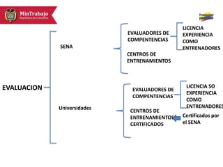 EVALUACION
SENA
Universidades
EVALUADORES DE
COMPENTENCIAS
CENTROS DE
ENTRENAMIENTOS
CERTIFICADOS
EVALUADORES DE
COMPENTENCIAS
CENTROS DE
ENTRENAMIENTOS
LICENCIA
EXPERIENCIA
COMO
ENTRENADORES
LICENCIA SO
EXPERIENCIA
COMO
ENTRENADORES
Certificados por
el SENA
 