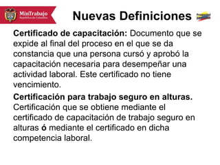 Nuevas Definiciones
Certificado de capacitación: Documento que se
expide al final del proceso en el que se da
constancia que una persona cursó y aprobó la
capacitación necesaria para desempeñar una
actividad laboral. Este certificado no tiene
vencimiento.
Certificación para trabajo seguro en alturas.
Certificación que se obtiene mediante el
certificado de capacitación de trabajo seguro en
alturas ó mediante el certificado en dicha
competencia laboral.
 
