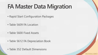 FA Master Data Migration
• Rapid Start Configuration Packages
• Table 5609 FA Location
• Table 5600 Fixed Assets
• Table 5612 FA Depreciation Book
• Table 352 Default Dimensions
 