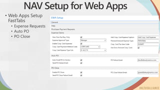 NAV Setup for Web Apps
• Web Apps Setup
FastTabs
• Expense Requests
• Auto PO
• PO Close
 