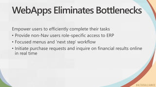 WebApps Eliminates Bottlenecks
Empower users to efficiently complete their tasks
• Provide non-Nav users role-specific access to ERP
• Focused menus and ‘next step’ workflow
• Initiate purchase requests and inquire on financial results online
in real time
 