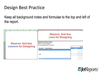 Design Best Practice
Training
Staying in touch
Keep all background notes and formulae to the top and left of
the report.
 