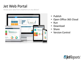 Jet Web Portal
Training
Staying in touch
Access your data from anywhere on any device!
• Publish
• Open Office 365 Cloud
• Run
• Download
• Share
• Version Control
 
