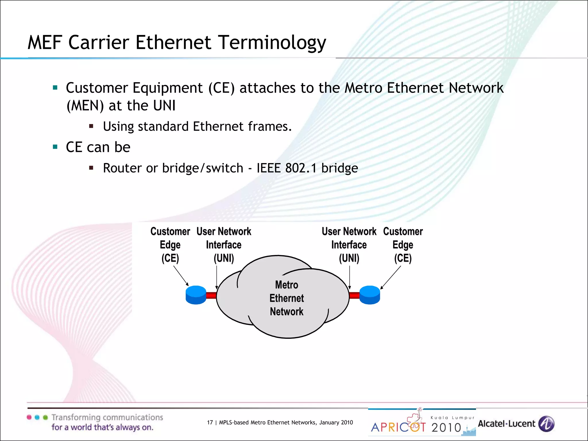 17 | MPLS-based Metro Ethernet Networks, January 2010
MetroMetro
EthernetEthernet
NetworkNetwork
CustomerCustomer
EdgeEdge
(CE)(CE)
User NetworkUser Network
InterfaceInterface
(UNI)(UNI)
User NetworkUser Network
InterfaceInterface
(UNI)(UNI)
CustomerCustomer
EdgeEdge
(CE)(CE)
MEF Carrier Ethernet Terminology
 Customer Equipment (CE) attaches to the Metro Ethernet Network
(MEN) at the UNI
 Using standard Ethernet frames.
 CE can be
 Router or bridge/switch - IEEE 802.1 bridge
 