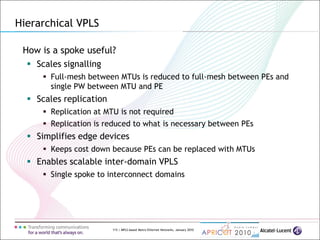 115 | MPLS-based Metro Ethernet Networks, January 2010
Hierarchical VPLS
How is a spoke useful?
 Scales signalling
 Full-mesh between MTUs is reduced to full-mesh between PEs and
single PW between MTU and PE
 Scales replication
 Replication at MTU is not required
 Replication is reduced to what is necessary between PEs
 Simplifies edge devices
 Keeps cost down because PEs can be replaced with MTUs
 Enables scalable inter-domain VPLS
 Single spoke to interconnect domains
 