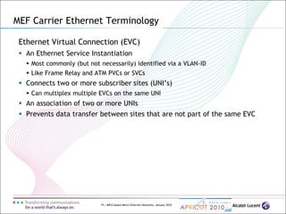 19 | MPLS-based Metro Ethernet Networks, January 2010
MEF Carrier Ethernet Terminology
Ethernet Virtual Connection (EVC)
 An Ethernet Service Instantiation
 Most commonly (but not necessarily) identified via a VLAN-ID
 Like Frame Relay and ATM PVCs or SVCs
 Connects two or more subscriber sites (UNI’s)
 Can multiplex multiple EVCs on the same UNI
 An association of two or more UNIs
 Prevents data transfer between sites that are not part of the same EVC
 