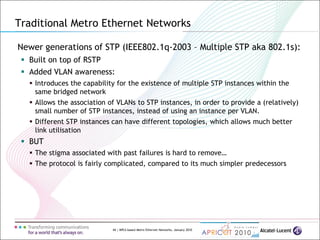 44 | MPLS-based Metro Ethernet Networks, January 2010
Newer generations of STP (IEEE802.1q-2003 – Multiple STP aka 802.1s):
 Built on top of RSTP
 Added VLAN awareness:
 Introduces the capability for the existence of multiple STP instances within the
same bridged network
 Allows the association of VLANs to STP instances, in order to provide a (relatively)
small number of STP instances, instead of using an instance per VLAN.
 Different STP instances can have different topologies, which allows much better
link utilisation
 BUT
 The stigma associated with past failures is hard to remove…
 The protocol is fairly complicated, compared to its much simpler predecessors
Traditional Metro Ethernet Networks
 