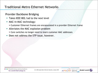 46 | MPLS-based Metro Ethernet Networks, January 2010
Provider Backbone Bridging
 Takes IEEE 802.1ad to the next level
 MAC-in-MAC technology:
 Customer Ethernet frames are encapsulated in a provider Ethernet frame
 Alleviates the MAC explosion problem
 Core switches no longer need to learn customer MAC addresses
 Does not address the STP issue, however.
Traditional Metro Ethernet Networks
 