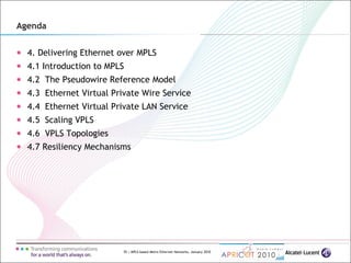 55 | MPLS-based Metro Ethernet Networks, January 2010
Agenda
4. Delivering Ethernet over MPLS
4.1 Introduction to MPLS
4.2 The Pseudowire Reference Model
4.3 Ethernet Virtual Private Wire Service
4.4 Ethernet Virtual Private LAN Service
4.5 Scaling VPLS
4.6 VPLS Topologies
4.7 Resiliency Mechanisms
 
