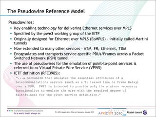 74 | MPLS-based Metro Ethernet Networks, January 2010
Pseudowires:
 Key enabling technology for delivering Ethernet services over MPLS
 Specified by the pwe3 working group of the IETF
 Originally designed for Ethernet over MPLS (EoMPLS) – initially called Martini
tunnels
 Now extended to many other services – ATM, FR, Ethernet, TDM
 Encapsulates and transports service-specific PDUs/Frames across a Packet
Switched Network (PSN) tunnel
 The use of pseudowires for the emulation of point-to-point services is
referred to as Virtual Private Wire Service (VPWS)
 IETF definition (RFC3985):
“...a mechanism that emulates the essential attributes of a
telecommunications service (such as a T1 leased line or Frame Relay)
over a PSN. PWE3 is intended to provide only the minimum necessary
functionality to emulate the wire with the required degree of
faithfulness for the given service definition.”
The Pseudowire Reference Model
 