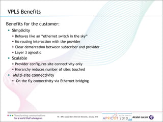 95 | MPLS-based Metro Ethernet Networks, January 2010
Benefits for the customer:
 Simplicity
 Behaves like an “ethernet switch in the sky”
 No routing interaction with the provider
 Clear demarcation between subscriber and provider
 Layer 3 agnostic
 Scalable
 Provider configures site connectivity only
 Hierarchy reduces number of sites touched
 Multi-site connectivity
 On the fly connectivity via Ethernet bridging
VPLS Benefits
 