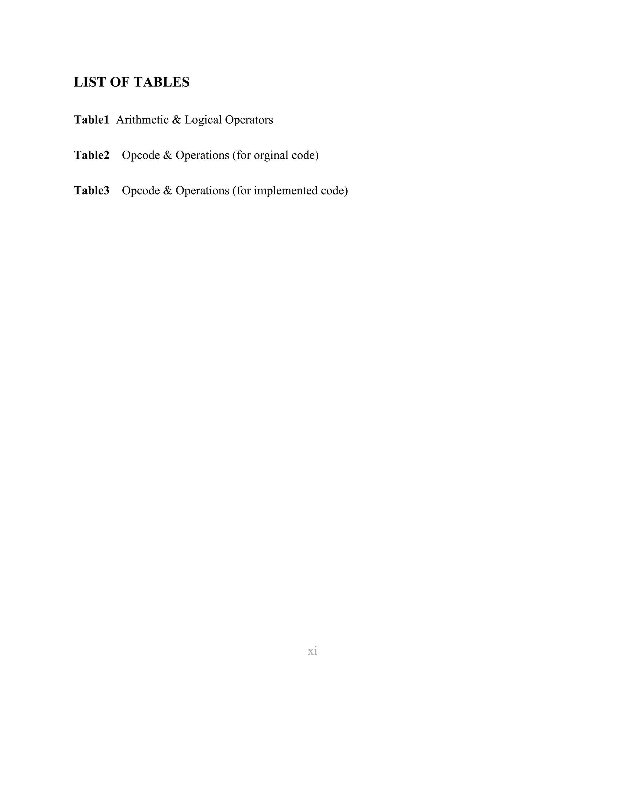 LIST OF TABLES
Table1 Arithmetic & Logical Operators
Table2 Opcode & Operations (for orginal code)
Table3 Opcode & Operations (for implemented code)

xi

11

 