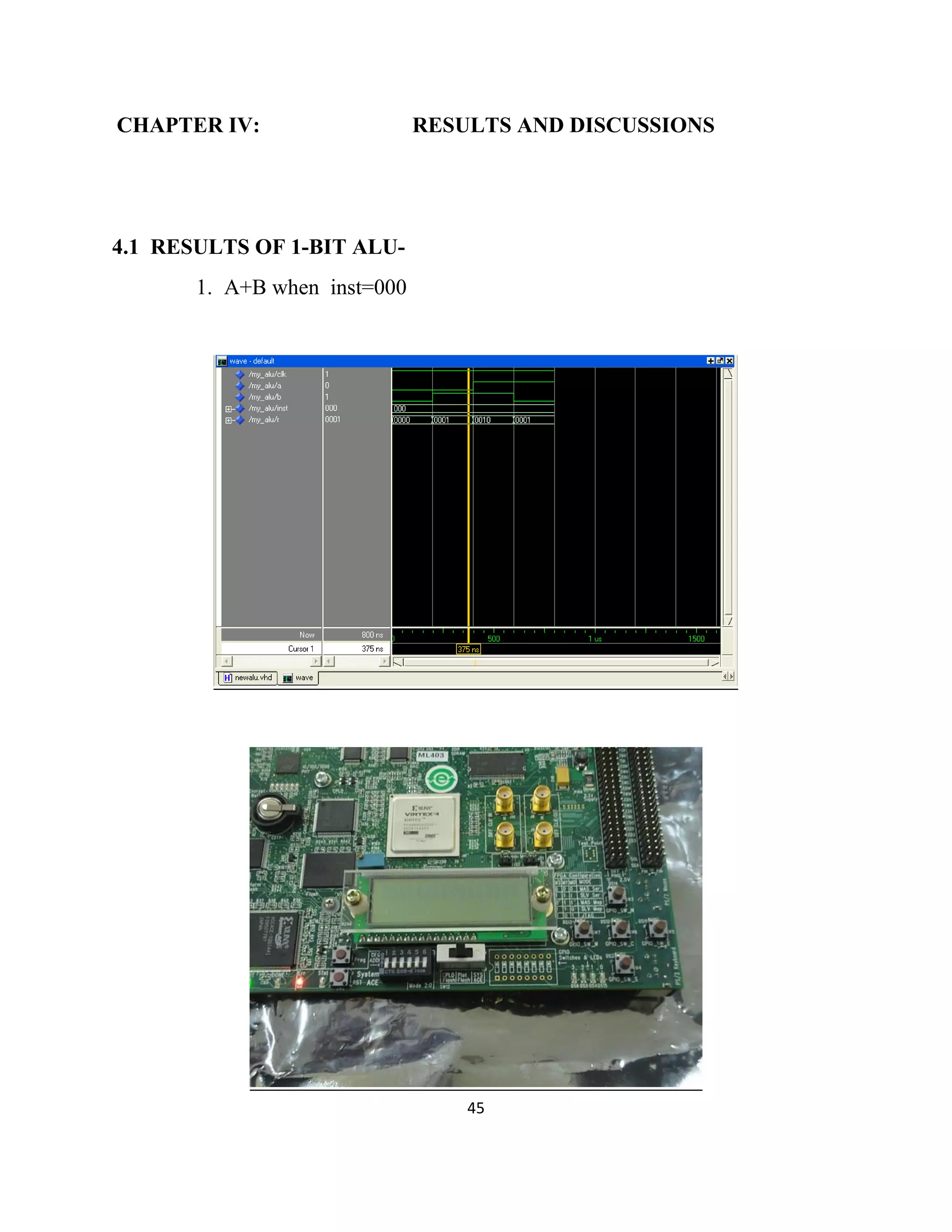 CHAPTER IV:

RESULTS AND DISCUSSIONS

4.1 RESULTS OF 1-BIT ALU1. A+B when inst=000

45

 