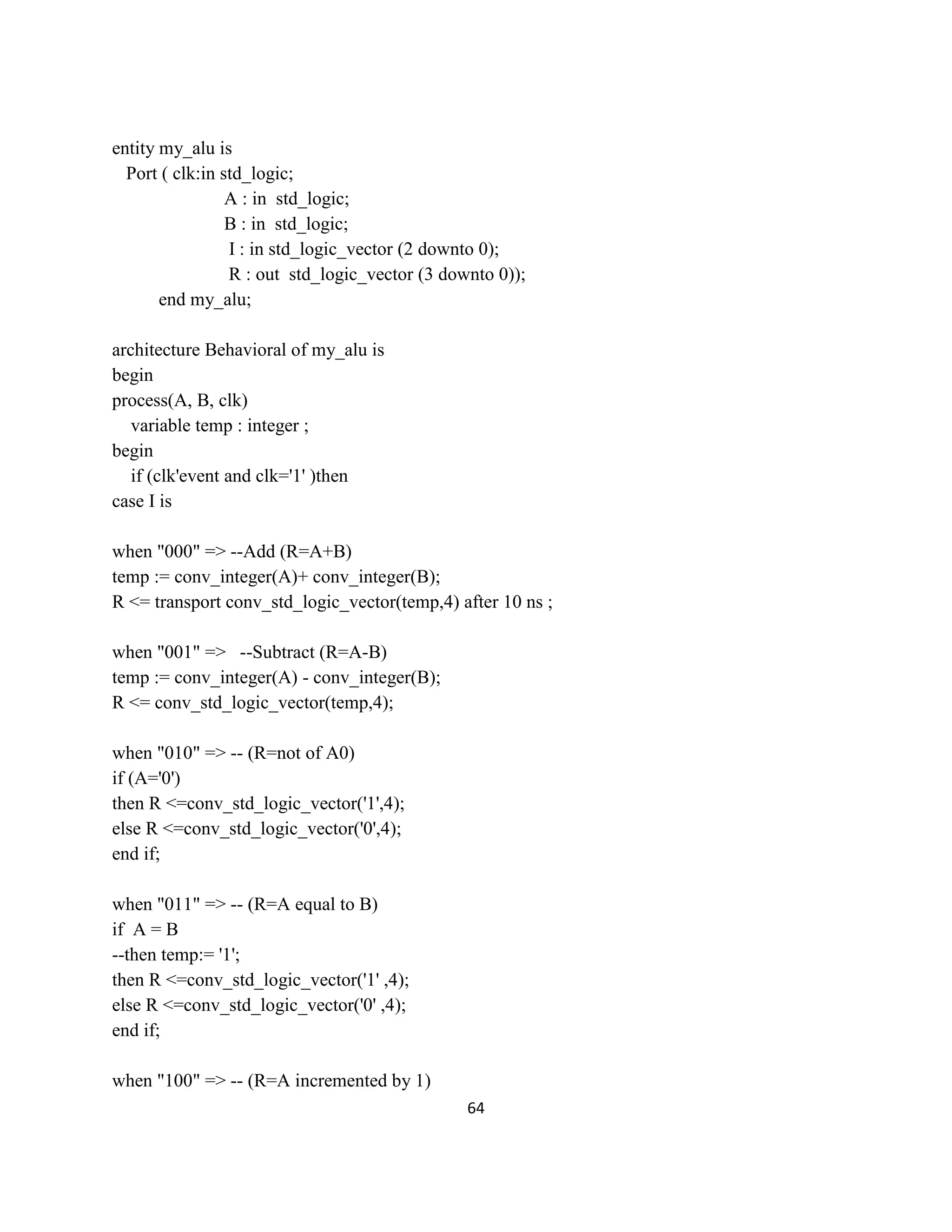 entity my_alu is
Port ( clk:in std_logic;
A : in std_logic;
B : in std_logic;
I : in std_logic_vector (2 downto 0);
R : out std_logic_vector (3 downto 0));
end my_alu;
architecture Behavioral of my_alu is
begin
process(A, B, clk)
variable temp : integer ;
begin
if (clk'event and clk='1' )then
case I is
when "000" => --Add (R=A+B)
temp := conv_integer(A)+ conv_integer(B);
R <= transport conv_std_logic_vector(temp,4) after 10 ns ;
when "001" => --Subtract (R=A-B)
temp := conv_integer(A) - conv_integer(B);
R <= conv_std_logic_vector(temp,4);
when "010" => -- (R=not of A0)
if (A='0')
then R <=conv_std_logic_vector('1',4);
else R <=conv_std_logic_vector('0',4);
end if;
when "011" => -- (R=A equal to B)
if A = B
--then temp:= '1';
then R <=conv_std_logic_vector('1' ,4);
else R <=conv_std_logic_vector('0' ,4);
end if;
when "100" => -- (R=A incremented by 1)
64

 