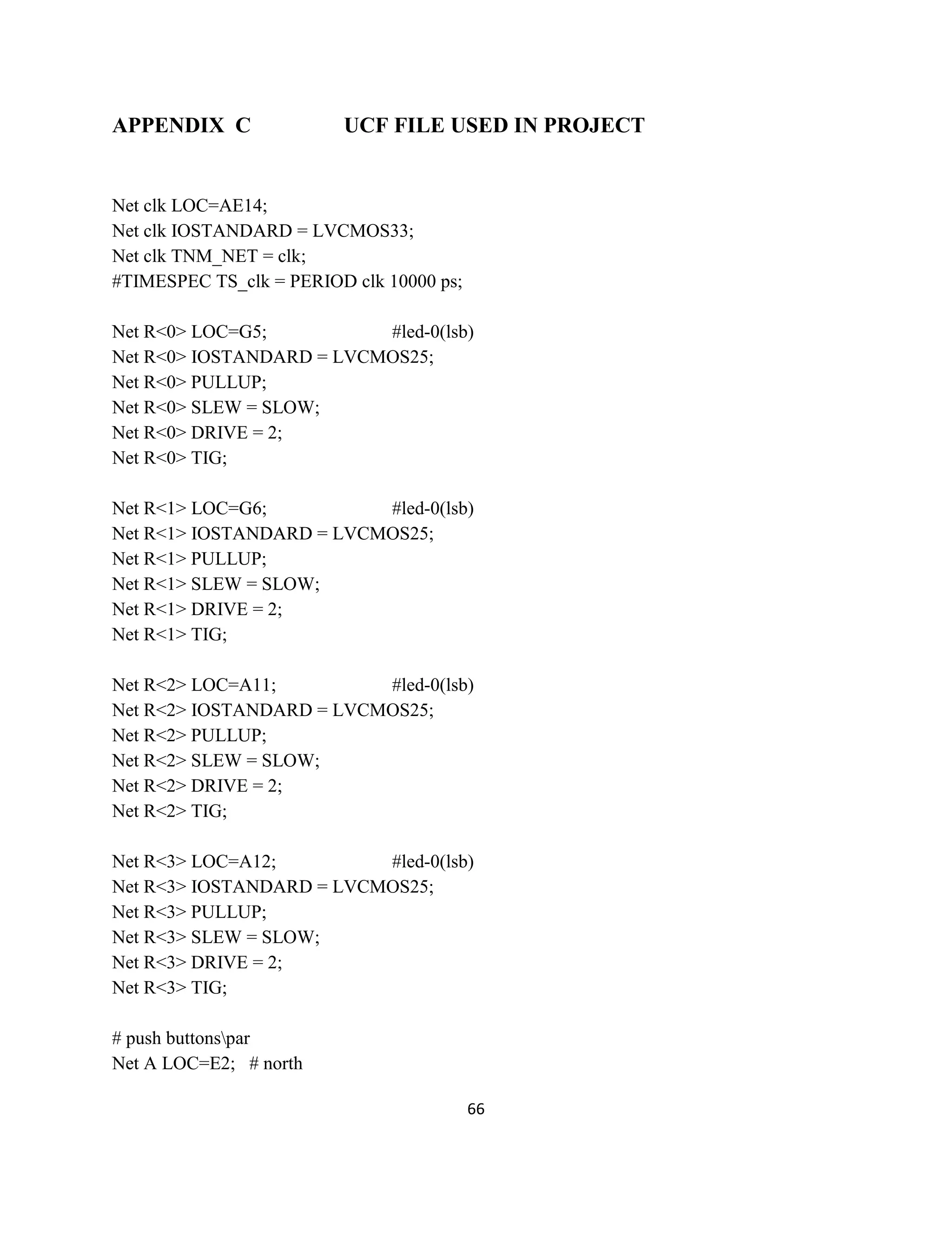 APPENDIX C

UCF FILE USED IN PROJECT

Net clk LOC=AE14;
Net clk IOSTANDARD = LVCMOS33;
Net clk TNM_NET = clk;
#TIMESPEC TS_clk = PERIOD clk 10000 ps;
Net R<0> LOC=G5;
#led-0(lsb)
Net R<0> IOSTANDARD = LVCMOS25;
Net R<0> PULLUP;
Net R<0> SLEW = SLOW;
Net R<0> DRIVE = 2;
Net R<0> TIG;
Net R<1> LOC=G6;
#led-0(lsb)
Net R<1> IOSTANDARD = LVCMOS25;
Net R<1> PULLUP;
Net R<1> SLEW = SLOW;
Net R<1> DRIVE = 2;
Net R<1> TIG;
Net R<2> LOC=A11;
#led-0(lsb)
Net R<2> IOSTANDARD = LVCMOS25;
Net R<2> PULLUP;
Net R<2> SLEW = SLOW;
Net R<2> DRIVE = 2;
Net R<2> TIG;
Net R<3> LOC=A12;
#led-0(lsb)
Net R<3> IOSTANDARD = LVCMOS25;
Net R<3> PULLUP;
Net R<3> SLEW = SLOW;
Net R<3> DRIVE = 2;
Net R<3> TIG;
# push buttonspar
Net A LOC=E2; # north
66

 