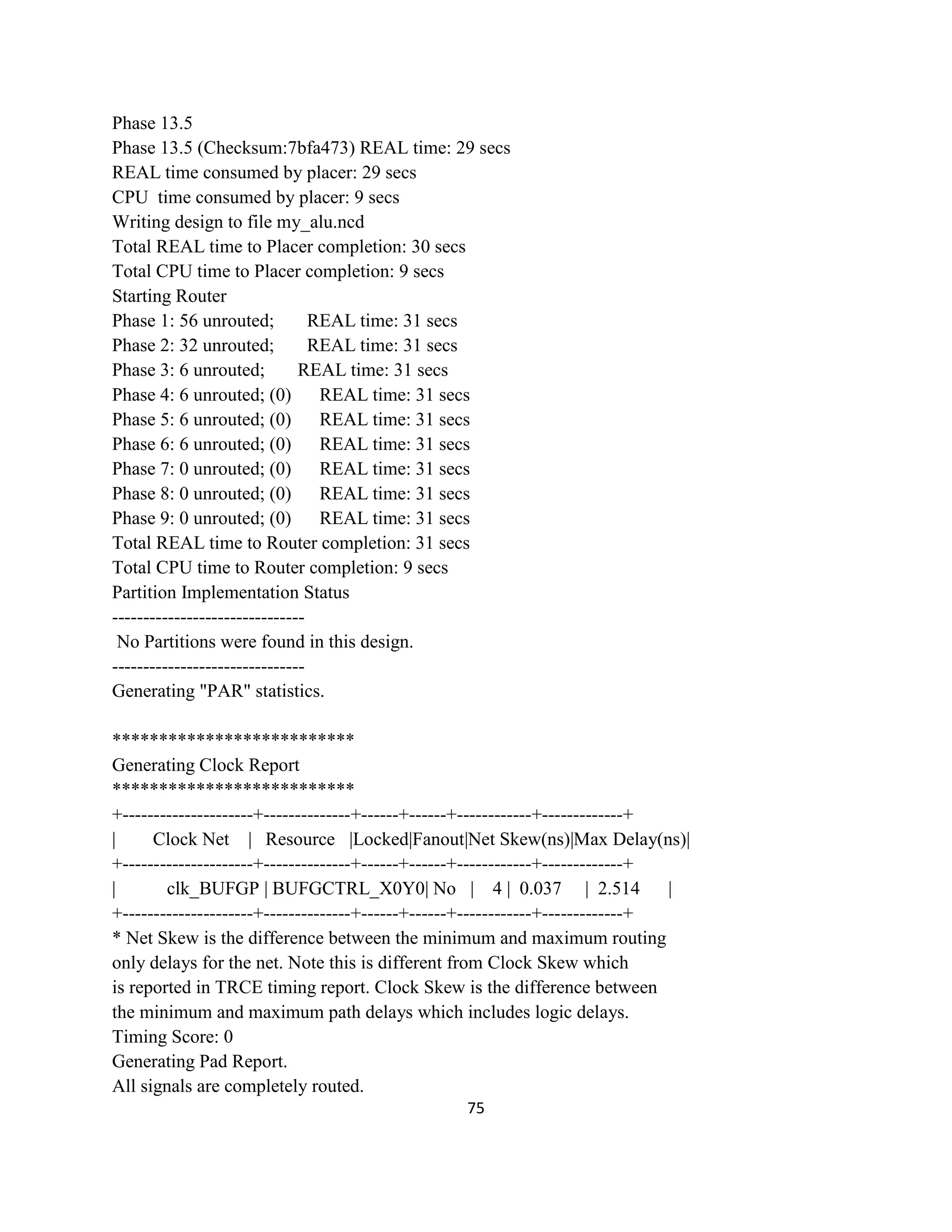 Phase 13.5
Phase 13.5 (Checksum:7bfa473) REAL time: 29 secs
REAL time consumed by placer: 29 secs
CPU time consumed by placer: 9 secs
Writing design to file my_alu.ncd
Total REAL time to Placer completion: 30 secs
Total CPU time to Placer completion: 9 secs
Starting Router
Phase 1: 56 unrouted;
REAL time: 31 secs
Phase 2: 32 unrouted;
REAL time: 31 secs
Phase 3: 6 unrouted;
REAL time: 31 secs
Phase 4: 6 unrouted; (0)
REAL time: 31 secs
Phase 5: 6 unrouted; (0)
REAL time: 31 secs
Phase 6: 6 unrouted; (0)
REAL time: 31 secs
Phase 7: 0 unrouted; (0)
REAL time: 31 secs
Phase 8: 0 unrouted; (0)
REAL time: 31 secs
Phase 9: 0 unrouted; (0)
REAL time: 31 secs
Total REAL time to Router completion: 31 secs
Total CPU time to Router completion: 9 secs
Partition Implementation Status
------------------------------No Partitions were found in this design.
------------------------------Generating "PAR" statistics.
**************************
Generating Clock Report
**************************
+---------------------+--------------+------+------+------------+-------------+
|
Clock Net | Resource |Locked|Fanout|Net Skew(ns)|Max Delay(ns)|
+---------------------+--------------+------+------+------------+-------------+
|
clk_BUFGP | BUFGCTRL_X0Y0| No | 4 | 0.037 | 2.514
|
+---------------------+--------------+------+------+------------+-------------+
* Net Skew is the difference between the minimum and maximum routing
only delays for the net. Note this is different from Clock Skew which
is reported in TRCE timing report. Clock Skew is the difference between
the minimum and maximum path delays which includes logic delays.
Timing Score: 0
Generating Pad Report.
All signals are completely routed.
75

 