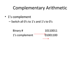 Complementary Arithmetic 
• 1’s complement 
– Switch all 0’s to 1’s and 1’s to 0’s 
Binary # 10110011 
1’s complement 01001100 
 
