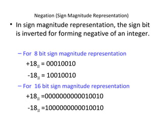 Negation (Sign Magnitude Representation) 
• In sign magnitude representation, the sign bit 
is inverted for forming negative of an integer. 
– For 8 bit sign magnitude representation 
+1810 = 00010010 
-1810 = 10010010 
– For 16 bit sign magnitude representation 
+1810 =0000000000010010 
-1810 =1000000000010010 
 