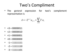 Two’s Compliment 
• The general expression for two’s complement 
representation is 
A n a a 
• +3 = 00000011 
• +2 = 00000010 
• +1 = 00000001 
• +0 = 00000000 
• -1 = 11111111 
• -2 = 11111110 
• -3 = 11111101 
å- 
2 1 2 
= 
= - - + 
- 
2 
0 
1 
n 
i 
i 
i 
n 
 