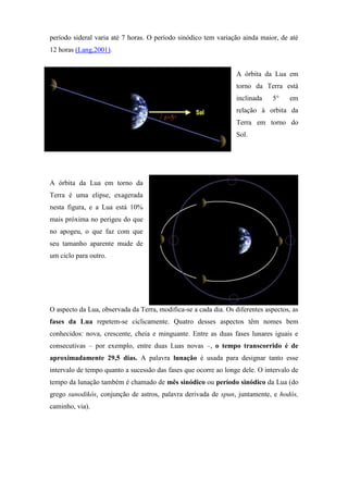 período sideral varia até 7 horas. O período sinódico tem variação ainda maior, de até
12 horas (Lang,2001).


                                                                  A órbita da Lua em
                                                                  torno da Terra está
                                                                  inclinada   5°     em
                                                                  relação à orbita da
                                                                  Terra em torno do
                                                                  Sol.




A órbita da Lua em torno da
Terra é uma elipse, exagerada
nesta figura, e a Lua está 10%
mais próxima no perigeu do que
no apogeu, o que faz com que
seu tamanho aparente mude de
um ciclo para outro.




O aspecto da Lua, observada da Terra, modifica-se a cada dia. Os diferentes aspectos, as
fases da Lua repetem-se ciclicamente. Quatro desses aspectos têm nomes bem
conhecidos: nova, crescente, cheia e minguante. Entre as duas fases lunares iguais e
consecutivas – por exemplo, entre duas Luas novas –, o tempo transcorrido é de
aproximadamente 29,5 dias. A palavra lunação é usada para designar tanto esse
intervalo de tempo quanto a sucessão das fases que ocorre ao longe dele. O intervalo de
tempo da lunação também é chamado de mês sinódico ou período sinódico da Lua (do
grego sunodikós, conjunção de astros, palavra derivada de spun, juntamente, e hodós,
caminho, via).
 