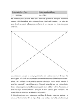 Distância do Sol à Terra                   Distância da Lua à Terra
149 758 000 km                             384 853 km

De um modo geral, podemos dizer que a maré sobe quando das passagens meridianas
superior e inferior da Lua. Isto é, temos preia-mar (maré cheia) quando a Lua passa por
cima de nós e quando a Lua passa por baixo de nós, ou seja, por cima dos nossos
antípodas.




As preia-mares sucedem-se assim, regularmente, com um intervalo médio de meio-dia
lunar (aprox. 12h 25m) o que corresponde matematicamente à constituinte lunar semi-
diurna (M2); tal facto é expresso pelo povo que refere que “a maré, no dia seguinte, é
uma hora mais tarde” (na realidade aprox. 50m mais tarde). Por sua vez, o intervalo de
tempo entre uma preia-mar e a baixa-mar seguinte é, em média, 6 h 13 m. No entanto, o
mar não reage instantaneamente à passagem da Lua, havendo, para cada local, um
atraso maior ou menor das preia-mares e baixa-mares.
O intervalo de tempo entre a passagem meridiana da Lua e a preia-mar seguinte é o
chamado "lunitidal interval" (em rigor, "high water lunitidal interval"). Actualmente, já
 