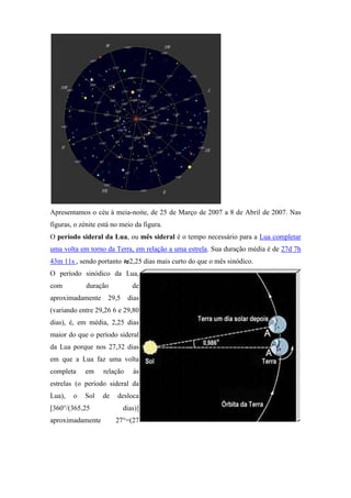 Apresentamos o céu à meia-noite, de 25 de Março de 2007 a 8 de Abril de 2007. Nas
figuras, o zénite está no meio da figura.
O período sideral da Lua, ou mês sideral é o tempo necessário para a Lua completar
uma volta em torno da Terra, em relação a uma estrela. Sua duração média é de 27d 7h
43m 11s , sendo portanto      2,25 dias mais curto do que o mês sinódico.
O período sinódico da Lua,
com          duração           de
aproximadamente      29,5    dias
(variando entre 29,26 6 e 29,80
dias), é, em média, 2,25 dias
maior do que o período sideral
da Lua porque nos 27,32 dias
em que a Lua faz uma volta
completa    em     relação     às
estrelas (o período sideral da
Lua),   o   Sol    de   desloca
[360°/(365,25               dias)]
aproximadamente         27°=(27
 