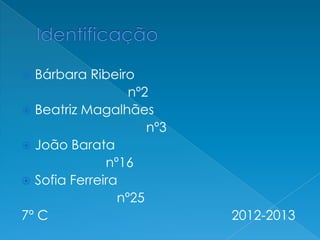  Bárbara Ribeiro
nº2
 Beatriz Magalhães
nº3
 João Barata
nº16
 Sofia Ferreira
nº25
7º C 2012-2013
 