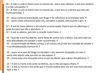 20 – A mãe e a avó Ju fazem anos no mesmo dia. Joana quer oferecer à avó uma moldura
e à mãe uma planta. V
20 - A mãe e a avó Ju fazem anos no mesmo dia, o que leva Ju a pensar que elas são
muito parecidas. F

21 – Joana continua preocupada com Diogo e faz referência às namoradas dele. V
21 – Joana revela entusiasmo pelo Luís, considera-o adulto, interessante e giro. V

22 – A avó de Joana adoece e ela mostra-se preocupada. Espera que ela adormeça e
pede-lhe para que não a abandone. V
22 – A avó Ju adoece, pois tem o coração muito fraco. V

23 – Quando a avó fica doente, Joana deixa de sonhar com a Marta, mas tem cada vez
mais dificuldades em estudar e estar concentrada. V
23 – A concentração da Marta começa a ser menor, ela já não tem vontade de estudar e
a sua desadequação acentua-se. F

24 – Joana vê os pais do Diogo no elevador e eles parecem chateados um com o
outro, dias depois sabe que eles se vão separar. V
24 – Joana ouve uma discussão entre os pais da Marta, que a deixa chocadíssima. V

25 – A avó Ju morre e ela sente-se eletrica, oca e não conseguiu chorar. V
25 – A Avó Ju morreu e ela sente que o mundo acabou para ela, por isso chora durante
todo o dia. F
 