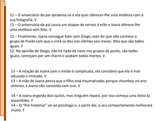 11 – O aniversário do pai aproxima-se e ela quer oferecer-lhe uma moldura com a
sua fotografia. V
11 – O aniversário do pai causa um ataque de nervos à mãe e Joana oferece-lhe
uma moldura sem foto. V
12 – Finalmente, Joana consegue falar com Diogo, este diz que não conhece o
grupo de Punks com que a irmã se deu nos últimos seis meses. Mas que são todos
iguais. F
12- Na opinião de Diogo, não há nada de novo nos grupos de punks, são todos
iguais, começam por um charro e acabam todos mortos. V


13 – A relação de Joana com o irmão é complicada, ela considera que ele é mal-
educado e mimado. V
13 – A mãe de Joana pensa que o filho está traumatizado, porque chumbou no ano
anterior, a Joana não concorda com isso. V

14 – A Joana engorda dois quilos, mas ninguém repara, por isso começa uma dieta às
escondidas. F
14 – O “Pré-histórico” vai ao psicólogo e, a partir daí, o seu comportamento melhorará
muito. F
 