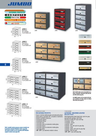 34
3.93
56
34
7.15
56
34
1.46
56
5.15
40.5
26
46
40.5
26
5.93
40.5
26
JUMBO 5
Blocchiera
da 5 cassette
5 unit mailbox set
JUMBO 6
Blocchiera
da 6 cassette
6 unit mailbox set
JUMBO 8
Blocchiera
da 8 cassette
8 unit mailbox set
JUMBO 10
Blocchiera
da 10 cassette
10 unit mailbox set
JUMBO 4
Blocchiera
da 4 cassette
4 unit mailbox set
JUMBO 3
Blocchiera
da 3 cassette
3 unit mailbox set
C O M P O S T O
Made in Italy
MODELLO CONFORME NORME EUROPEE
EN 13724
ESTERNO PROTETTO
FORMATO RIVISTA
TuttiimodelliJumbo sonoaccessoriabiliconci-
tofono,campanelli e telecamera della Serie Bti-
cino Sfera (vedi da pag.63).
All JUMBO models can be provided with inter-
com, doorbells and video camera for Bticino
Sfera Series (from page 63)
JUMBO
(confezione da 1 pezzo)
PER ESTERNO PROTETTO
Corpo in lamiera elettrozincata verniciata alle polveri
colore ghisa e sportello SP1 completo di elemento
mobile in profilato d’alluminio
• anodizzato argento
• anodizzato bronzo
• verniciato nero
• verniciato rosso con elemento mobile ghisa
• verniciato bianco
• verniciato verde con elemento mobile ghisa
• verniciato ghisa
• SP - OTT- con elemento mobile in ottone.
(1-piece package)
OUTDOORS - SHELTERED LOCATION
MAGAZINE FORMAT
Electrogalvanized sheet steel body, cast-iron grey
epoxypowder painted, matt finish.
Aluminium profile SP1 door with flap
• anodized - silver
• anodized - bronze
• painted - black
• painted - red, with cast-iron grey flap
• painted - white
• painted - green, with cast-iron grey flap
• painted - cast-iron grey
• SP - OTT - door with brass flap.
J3BR
J6BR
J8AR
J4RO J5AR
Tutti i modelli Jumbo possono essere montati con
la piantana standard Modular (vedi a pag.60).
All Jumbo models can be mounted with Modular
support column (see page 60)
8
 