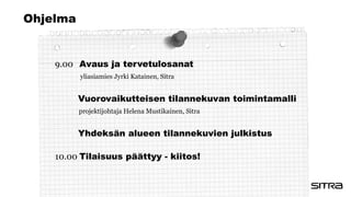 Ohjelma
9.00 Avaus ja tervetulosanat
yliasiamies Jyrki Katainen, Sitra
Vuorovaikutteisen tilannekuvan toimintamalli
projek...