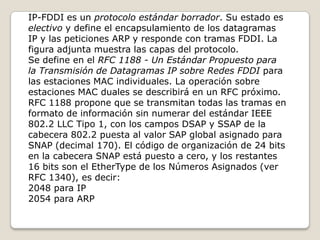 IP-FDDI es un protocolo estándar borrador. Su estado es electivo y define el encapsulamiento de los datagramas IP y las peticiones ARP y responde con tramas FDDI. La figura adjunta muestra las capas del protocolo.Se define en el RFC 1188 - Un Estándar Propuesto para la Transmisión de Datagramas IP sobre Redes FDDI para las estaciones MAC individuales. La operación sobre estaciones MAC duales se describirá en un RFC próximo.RFC 1188 propone que se transmitan todas las tramas en formato de información sin numerar del estándar IEEE 802.2 LLC Tipo 1, con los campos DSAP y SSAP de la cabecera 802.2 puesta al valor SAP global asignado para SNAP (decimal 170). El código de organización de 24 bits en la cabecera SNAP está puesto a cero, y los restantes 16 bits son el EtherType de los Números Asignados (ver RFC 1340), es decir:2048 para IP 2054 para ARP 