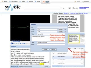 Resize player:  Reset   |  Large video   |  Large slides Synmark overlay window opens on same page Synmark overlay window does not need to change All 