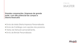  Envio de Mala Direta Impressa Personalizada
 Envio de Catálogo com opções dos produtos
 Visitas de Network semanalmente.
 Envio de Brinde Personalizado
Grandes corporações. Empresas de grande
porte, com alto potencial de compra e
retorno financeiro
Cliente
MASTER
 