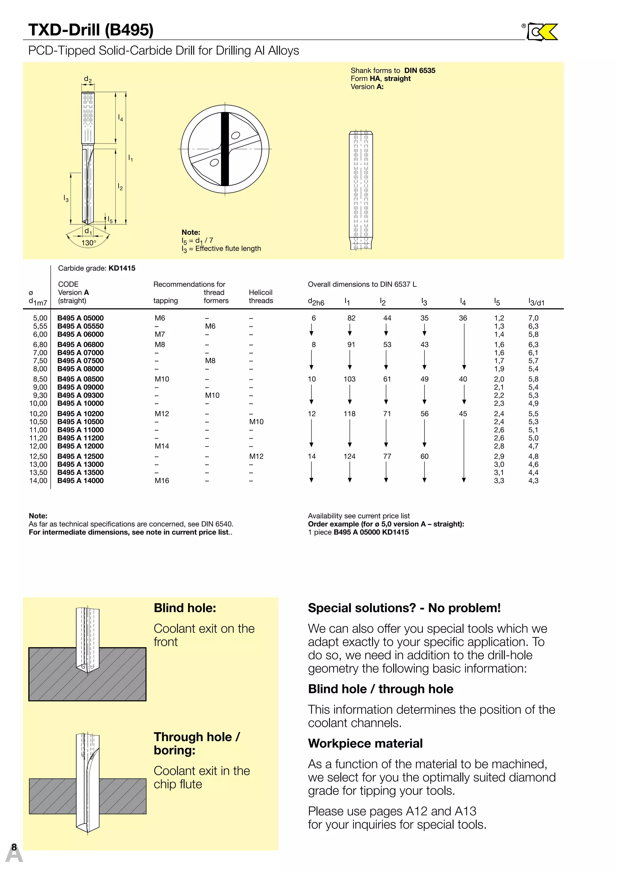 l 
l 
l 
l 
l 
d 
d 
130° 
1 
1 
2 
2 
3 
4 
5 
A 
TXD-Drill (B495) 
PCD-Tipped Solid-Carbide Drill for Drilling Al Alloys 
® 
8 
Carbide grade: KD1415 
CODE Recommendations for Overall dimensions to DIN 6537 L 
ø Version A thread Helicoil 
d1m7 (straight) tapping formers threads d2h6 I1 I2 I3 I4 I5 I3/d1 
5,00 B495 A 05000 M6 – – 6 82 44 35 36 1,2 7,0 
5,55 B495 A 05550 – M6 – 1,3 6,3 
6,00 B495 A 06000 M7 – – 1,4 5,8 
6,80 B495 A 06800 M8 – – 8 91 53 43 1,6 6,3 
7,00 B495 A 07000 – – – 1,6 6,1 
7,50 B495 A 07500 – M8 – 1,7 5,7 
8,00 B495 A 08000 – – – 1,9 5,4 
8,50 B495 A 08500 M10 – – 10 103 61 49 40 2,0 5,8 
9,00 B495 A 09000 – – – 2,1 5,4 
9,30 B495 A 09300 – M10 – 2,2 5,3 
10,00 B495 A 10000 – – – 2,3 4,9 
10,20 B495 A 10200 M12 – – 12 118 71 56 45 2,4 5,5 
10,50 B495 A 10500 – – M10 2,4 5,3 
11,00 B495 A 11000 – – – 2,6 5,1 
11,20 B495 A 11200 – – – 2,6 5,0 
12,00 B495 A 12000 M14 – – 2,8 4,7 
12,50 B495 A 12500 – – M12 14 124 77 60 2,9 4,8 
13,00 B495 A 13000 – – – 3,0 4,6 
13,50 B495 A 13500 – – – 3,1 4,4 
14,00 B495 A 14000 M16 – – 3,3 4,3 
Special solutions? - No problem! 
We can also offer you special tools which we 
adapt exactly to your specific application. To 
do so, we need in addition to the drill-hole 
geometry the following basic information: 
Blind hole / through hole 
This information determines the position of the 
coolant channels. 
Workpiece material 
As a function of the material to be machined, 
we select for you the optimally suited diamond 
grade for tipping your tools. 
Please use pages A12 and A13 
for your inquiries for special tools. 
Blind hole: 
Coolant exit on the 
front 
Through hole / 
boring: 
Coolant exit in the 
chip flute 
Shank forms to DIN 6535 
Form HA, straight 
Version A: 
Note: 
I5 = d1 / 7 
I3 = Effective flute length 
Note: 
As far as technical specifications are concerned, see DIN 6540. 
For intermediate dimensions, see note in current price list.. 
Availability see current price list 
Order example (for ø 5,0 version A – straight): 
1 piece B495 A 05000 KD1415 
 