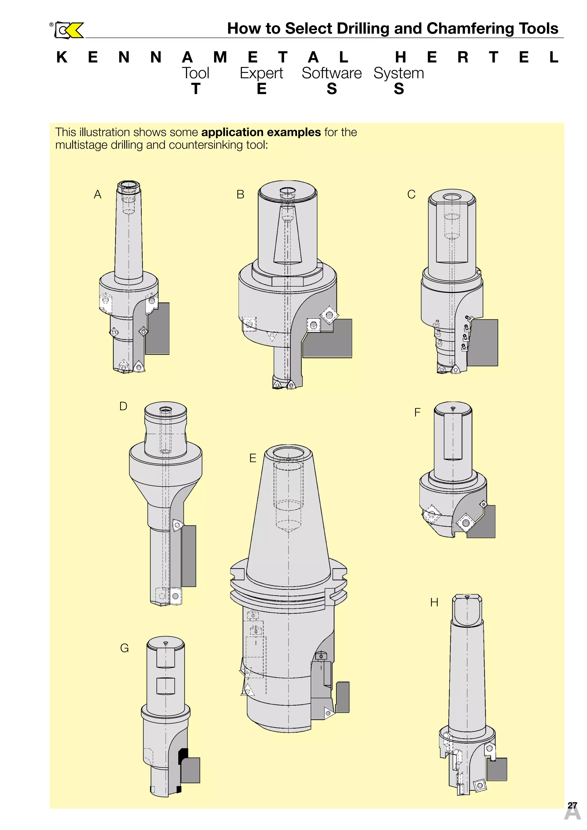 ® How to Select Drilling and Chamfering Tools 
K E N N A M E T A L H E R T E L 
Tool Expert Software System 
T E S S 
This illustration shows some application examples for the 
multistage drilling and countersinking tool: 
A B C 
D 
E 
G 
H 
A27 
F 
 