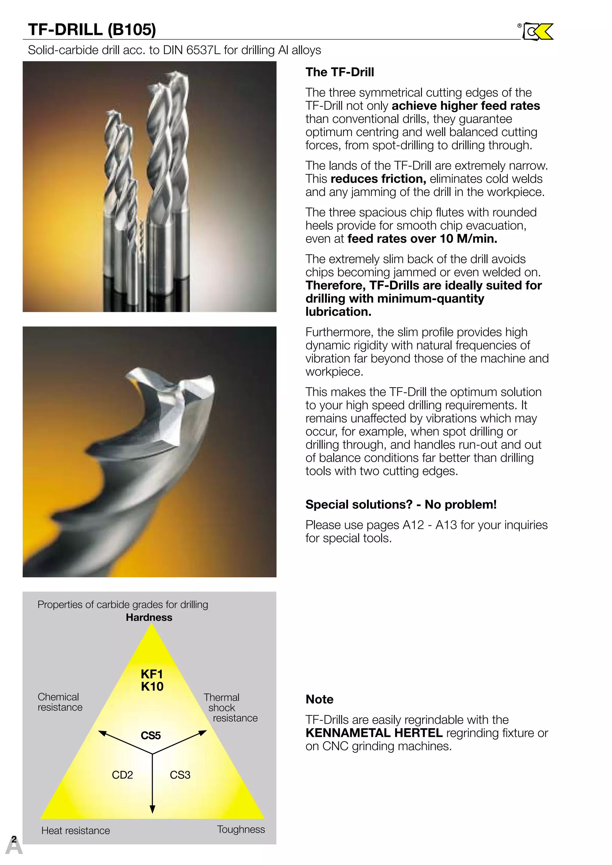 TF-DRILL (B105) 
Solid-carbide drill acc. to DIN 6537L for drilling Al alloys 
CS5 
CD2 CS3 
® 
The TF-Drill 
The three symmetrical cutting edges of the 
TF-Drill not only achieve higher feed rates 
than conventional drills, they guarantee 
optimum centring and well balanced cutting 
forces, from spot-drilling to drilling through. 
The lands of the TF-Drill are extremely narrow. 
This reduces friction, eliminates cold welds 
and any jamming of the drill in the workpiece. 
The three spacious chip flutes with rounded 
heels provide for smooth chip evacuation, 
even at feed rates over 10 M/min. 
The extremely slim back of the drill avoids 
chips becoming jammed or even welded on. 
Therefore, TF-Drills are ideally suited for 
drilling with minimum-quantity 
lubrication. 
Furthermore, the slim profile provides high 
dynamic rigidity with natural frequencies of 
vibration far beyond those of the machine and 
workpiece. 
This makes the TF-Drill the optimum solution 
to your high speed drilling requirements. It 
remains unaffected by vibrations which may 
occur, for example, when spot drilling or 
drilling through, and handles run-out and out 
of balance conditions far better than drilling 
tools with two cutting edges. 
Special solutions? - No problem! 
Please use pages A12 - A13 for your inquiries 
for special tools. 
Note 
TF-Drills are easily regrindable with the 
KENNAMETAL HERTEL regrinding fixture or 
on CNC grinding machines. 
Properties of carbide grades for drilling 
Hardness 
Chemical 
resistance 
KF1 
K10 
Thermal 
shock 
resistance 
Heat resistance Toughness A2 
 