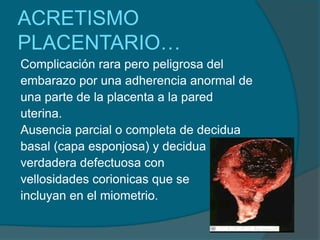 ACRETISMO
PLACENTARIO…
Complicación rara pero peligrosa del
embarazo por una adherencia anormal de
una parte de la placenta a la pared
uterina.
Ausencia parcial o completa de decidua
basal (capa esponjosa) y decidua
verdadera defectuosa con
vellosidades corionicas que se
incluyan en el miometrio.

 