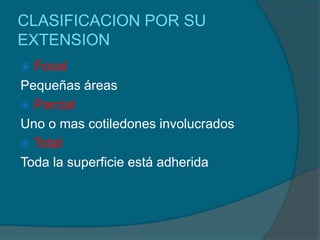 CLASIFICACION POR SU
EXTENSION
Focal
Pequeñas áreas
 Parcial
Uno o mas cotiledones involucrados
 Total
Toda la superficie está adherida


 