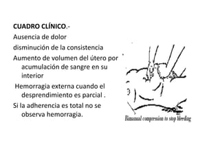 CUADRO CLÍNICO.-
Ausencia de dolor
disminución de la consistencia
Aumento de volumen del útero por
acumulación de sangre en su
interior
Hemorragia externa cuando el
desprendimiento es parcial .
Si la adherencia es total no se
observa hemorragia.
 
