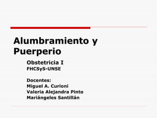 Alumbramiento y
Puerperio
Obstetricia I
FHCSyS-UNSE
Docentes:
Miguel A. Curioni
Valeria Alejandra Pinto
Mariángeles Santillán
 